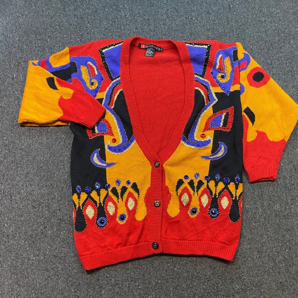 IB Diffusion Cardigan Sz 1X Women's Multicolor Abstract Beaded Sequin 90s Boho